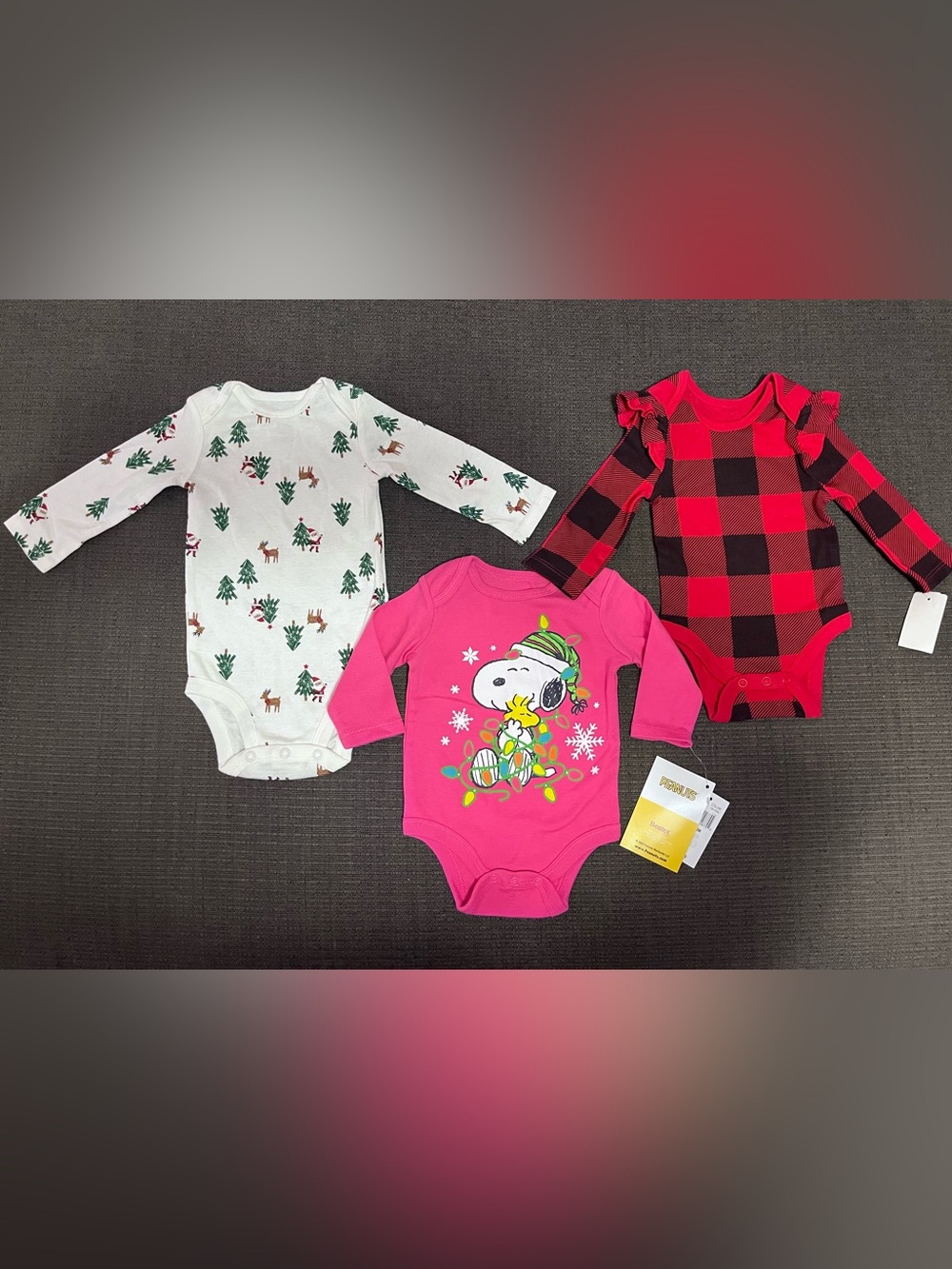 Holiday Baby Onesie Trio - White Tree Print, Pink Snoopy, Red Buffalo Plaid